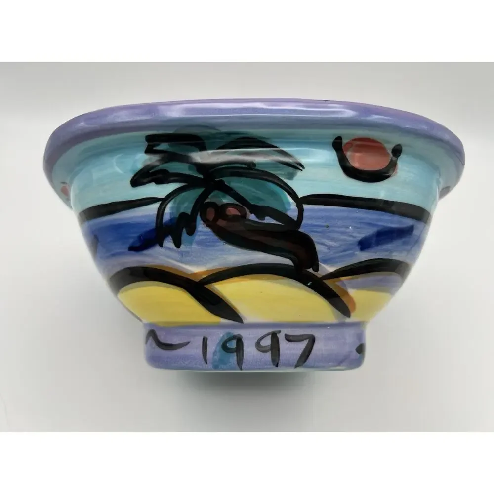 Hawaiian Hand Painted Square Pottery Bowl 8” Signed Kauai Masters 1997 Vintage